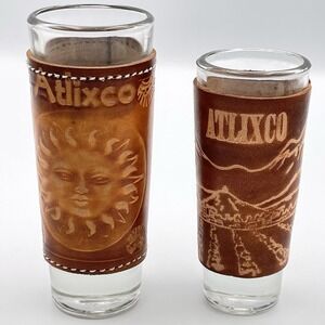 Vintage Atlixco Mexico Leather Wrapped Shot Glasses Set of 2 Hand Tooled